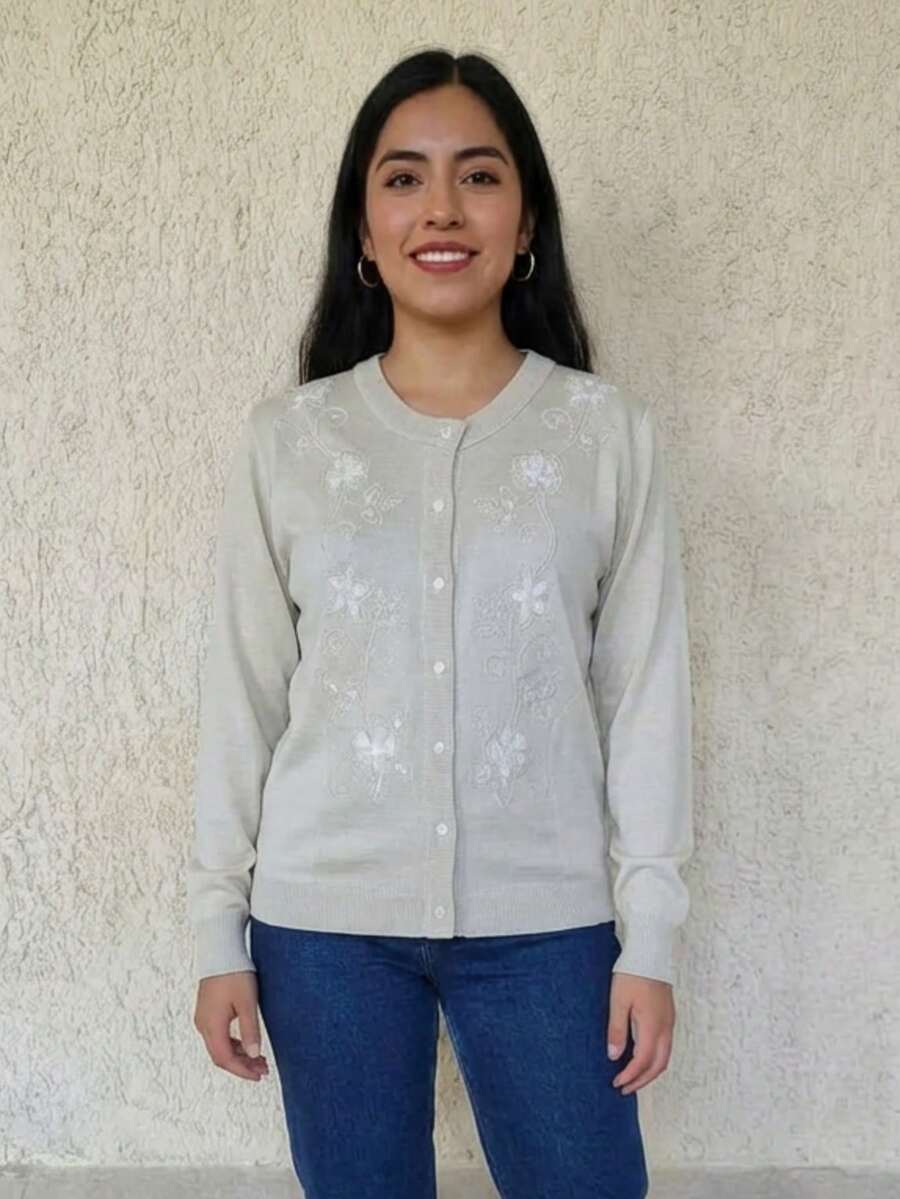 Suéter de punto suave para mujer con bordado de flores de colores - Blanco marfil - Ver 1