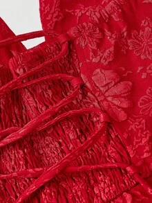 SHEIN MOD 女士红色提花蝴蝶结迷你连衣裙，春季，情人节 - 紅色 - 查看 4
