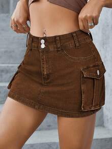 SHEIN ICON Chân váy denim nữ cạp thấp siêu ngắn có túi - Rỉ Nâu - Xem 3