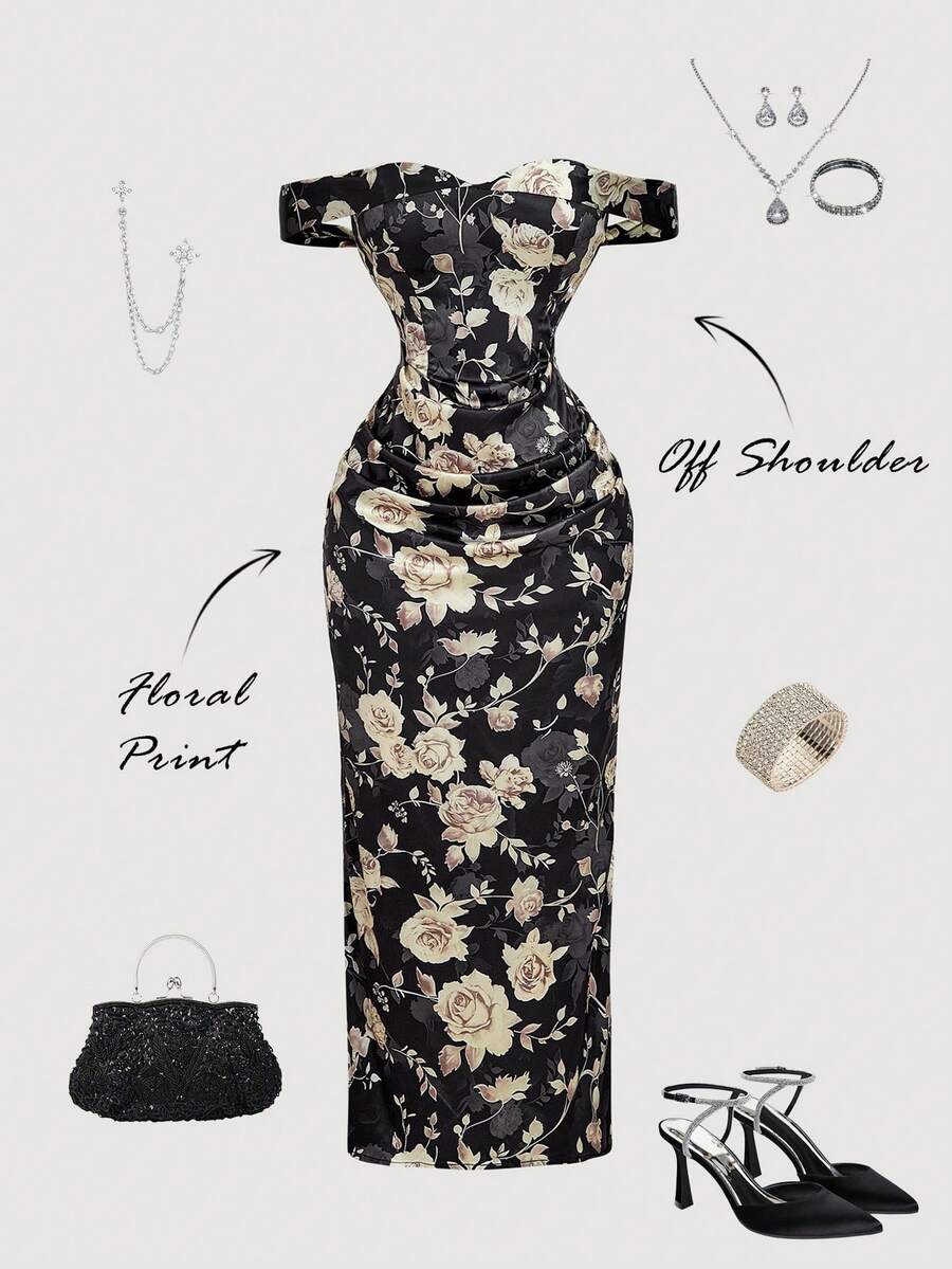 SHEIN MOD 黑色背景的花卉印花露肩网纱荷叶边开衩连衣裙 - 彩色 - 查看 1