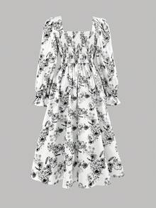 SHEIN Firerie Kids Tween Girl Floral Printed Pattern Long Sleeve Dress - Black and White - View 6