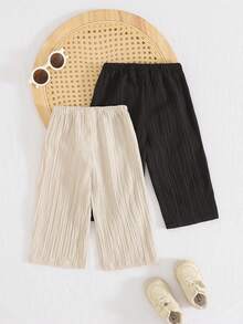 Cozy Pixies 2pcs Baby Girl Crinkle Texture Loose Wide Leg Pants, Straight Leg Trousers, Versatile Casual Pants, Holiday Style - Multicolor - View 2