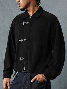 ROMWE MEN Street Life Men's Corduroy Raglan Sleeve Metal Button Collar Jacket - Black - View 5