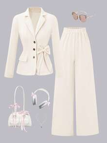 适合大龄少女的春秋季粉色条纹西装套装：时尚单排扣西装，饰有蝴蝶结，宽松阔腿裤——完美适用于派对、学校活动、家庭聚会和半正式场合，舒适透气，适合凉爽季节。 - 杏色 - 查看 3