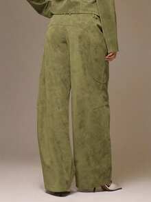 MUSERA Suedette Seam Detail Wide Jean Trousers Cool Girl, Streetstyle, Cute, , ,  Casual Summer - Olive Green - View 5
