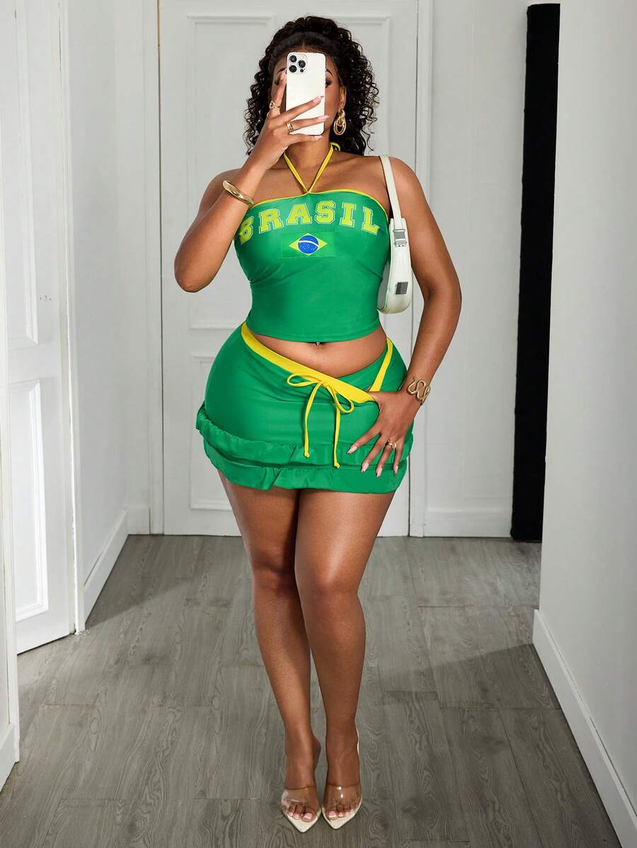 Slaydiva 大码女装夏季度假巴西性感吊带背心+泳装坦克背心套装配纱笼裙 - 綠色 - 查看 1
