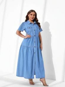 EMERY ROSE Plus Size Solid Color Front Button Ruffle Hem Short Sleeve Denim Dress - Light Wash - View 4