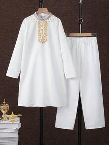 SHEIN 2件套/套 青少年男童休闲绅士风立领长袖衬衫外套和裤子套装，适合通勤、上学、休闲场合、运动、春夏穿着 - 白色 - 查看 2