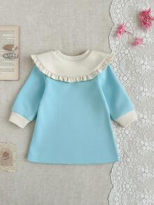 SHEIN Baby GirlCasual Striped Lapel Long Sleeve Dress, Spring/Autumn - Baby Blue - View 2