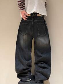 STEELVANCE Quần jeans nam dáng rộng ống suông, họa tiết sọc râu mèo cổ điển, phong cách đường phố. - màu đen - Xem 2