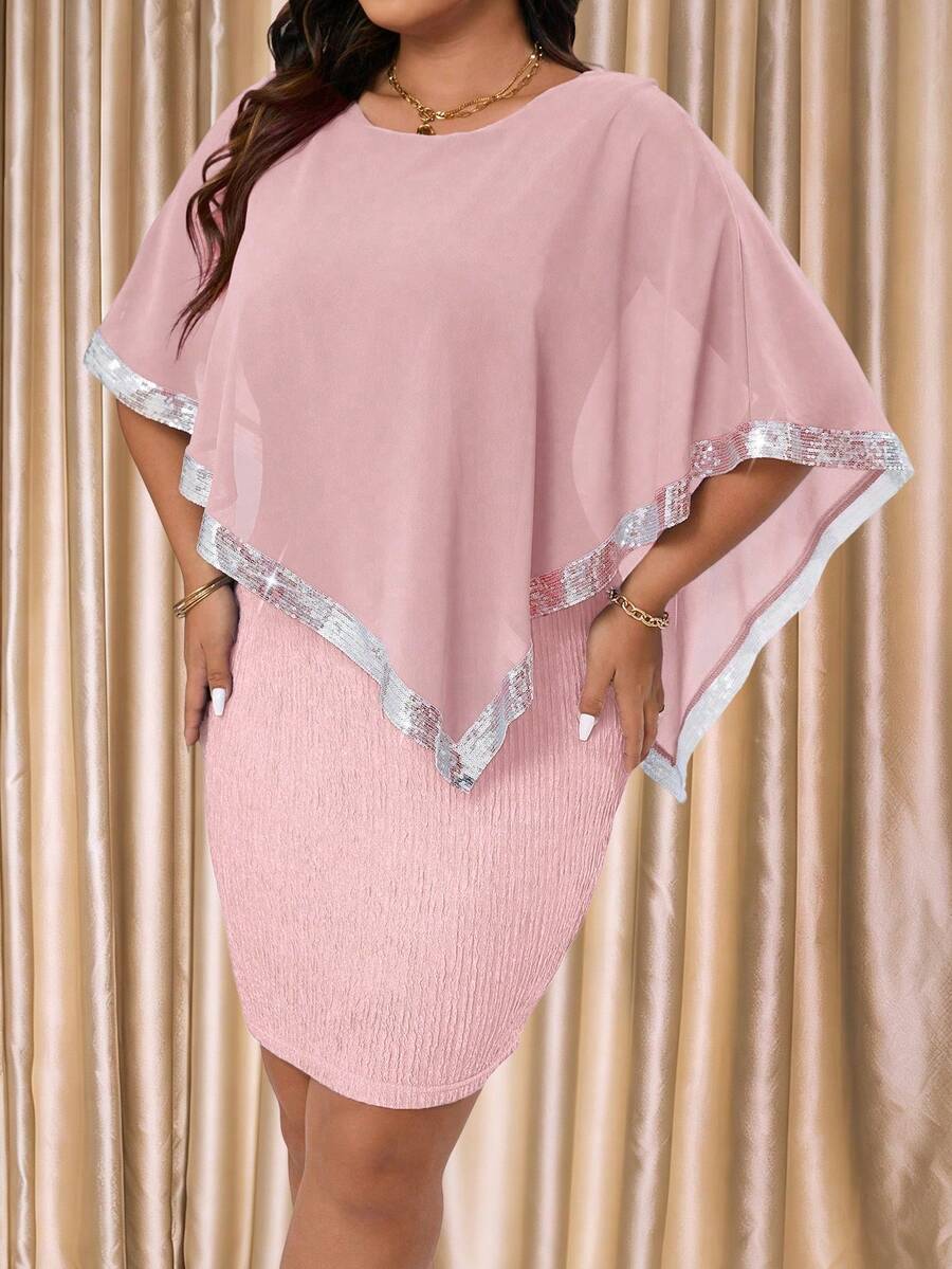 Cravure Capa con cuello redondo de talla grande con parches de gasa con lentejuelas y cuentas, cinta elegante, 2 en 1 vestido de fiesta de tela jacquard texturizada - Rosa Pálido - Ver 1