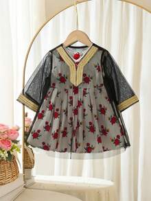 SHEIN Bộ 2 váy lưới in họa tiết hoa thanh lịch cho bé gái - màu đen - Xem 10
