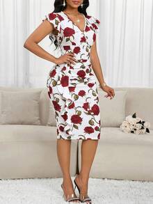 SHEIN Lady 女士优雅派对印花修身中长连衣裙 - 彩色 - 查看 6