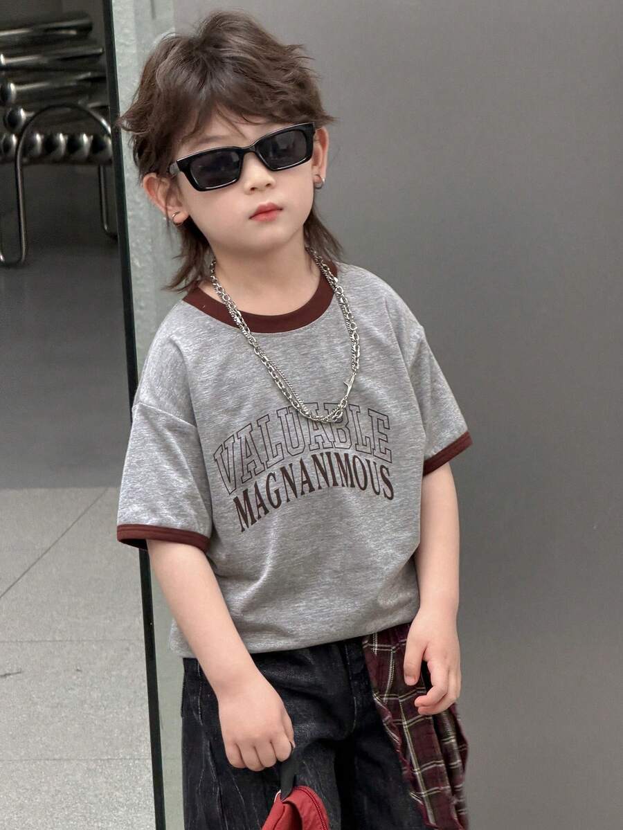 Dazy Kids Young Boy Round Neck Letter Print Casual Versatile Daily Wear Short Sleeve T-Shirt Spring - Grey - View 1