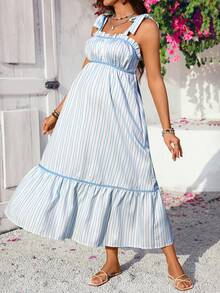 SHEIN 孕妇休闲条纹荷叶边无袖连衣裙 - 藍色 - 查看 1