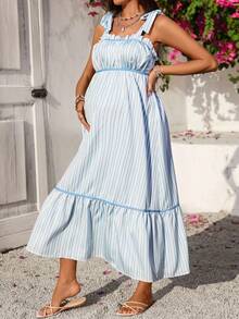 SHEIN 孕妇休闲条纹荷叶边无袖连衣裙 - 藍色 - 查看 7