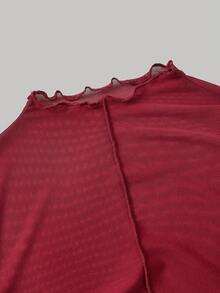 SHEIN MOD 女士荷叶边领长袖修身网纱上衣，多件装 - 酒紅色 - 查看 3