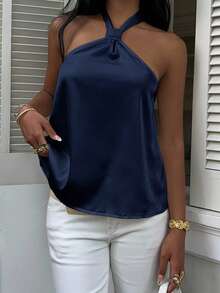 MainGRL Solid Color Casual Versatile Backless Satin Halter Neck Blouse For Women - Navy Blue - View 5