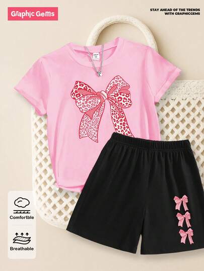 GraphicGems 两件套女童休闲粉色豹纹蝴蝶结设计套装，粉色短袖圆领T恤搭配黑色短裤，适合夏季穿着，时尚舒适，适合青少年女孩，也适合春、秋、冬三季日常休闲和居家穿着，可爱