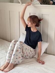 DAZY Teen Girl Solid Color Round Neck Short Sleeve Top And Grape Print Pants Pajama Set Summer - Navy Blue - View 4