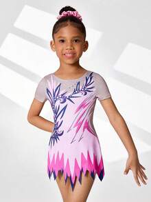 Bộ đồ thể dục dụng cụ họa tiết hoa cho bé gái, thiết kế váy lưới xếp tầng nhiều lớp nhẹ nhàng, bộ jumpsuit co giãn cao với họa tiết lá cây nhiều màu sắc. - Hồng - Xem 4