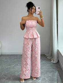 Elenzga Bộ đồ 2 món dành cho nữ, gồm áo hai dây và quần ống rộng họa tiết hoa jacquard, màu hồng thời trang. - Hồng - Xem 6