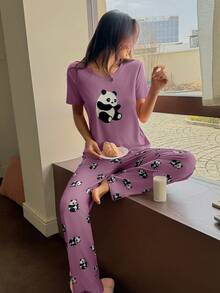 Dream Adore Panda Print Short Sleeve Top And Pants Pajama Set - Purple - View 5