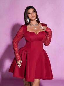 Viva Relle Valentine Plus Size Sexy Square Neck Red Lace Patchwork Party Christmas Dress - Red - View 4