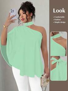 SHEIN Elenzya 大码斜领露背扎染印花衬衫 - 綠色 - 查看 1