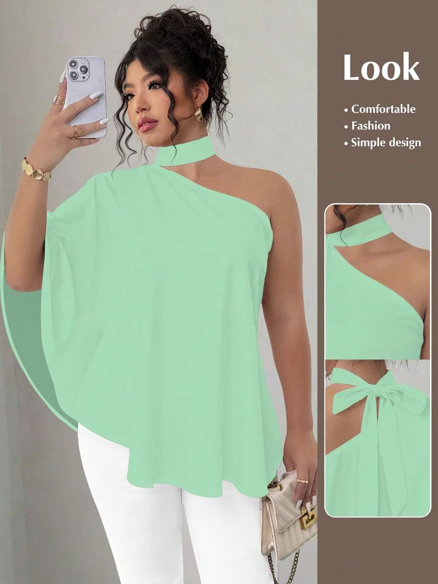 SHEIN Elenzya 大码斜领露背扎染印花衬衫 - 綠色 - 查看 1