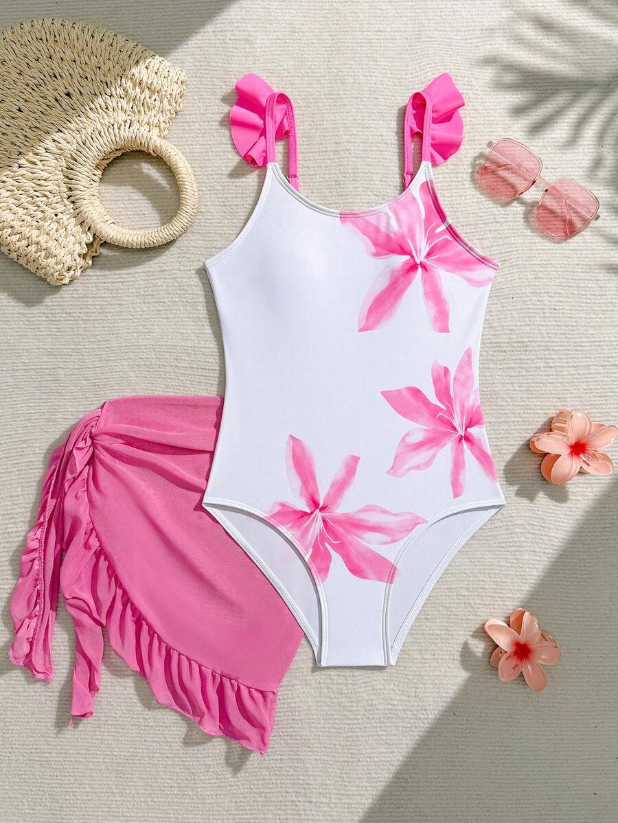 SHEIN Bộ đồ bơi liền thân in hoa cho bé gái 8-12 tuổi, có váy và dây đeo vai thắt nơ dễ thương, thích hợp cho các bé gái tuổi teen đi biển, nghỉ mát, spa. - Nhiều màu - Xem 1