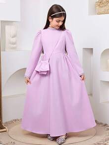 SHEIN Vestido Abaya tradicional árabe para meninas pré-adolescentes, com mangas compridas e cintura marcada, ideal para festas temáticas do Oriente Médio. - Roxa - Ver 4
