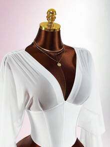 Amplova Y2K情人节女士性感简约纯色深V领露背系带修身衬衫，春夏秋季白色束身胸衣，白色衬衫，白色薄纱上衣，优雅上衣，度假女士Y2K情人节白色优雅上衣，优雅上衣，性感女士衬衫，女士上衣，优雅女士上衣，女士休闲衬衫 - 白色 - 查看 2