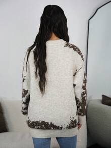 SAYEHFBABY Autumn/Winter Dark Base Floral & Botanical Print Loose Casual Pullover Knit Sweater For Women - Beige - View 2