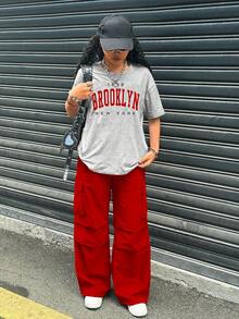 2pcs/Set Teen Girl Letter Print Round Neck Short Sleeve T-Shirt And Cargo Pants, Casual Outfit Wide Leg Sweatpants Baggy Outfits Brooklyn Outfit Baggy Girl Pants Baggy Pants - Multicolor - View 6