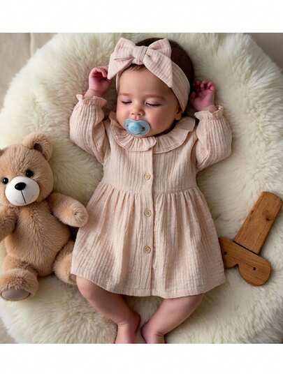 Loomiva 两件套杏色亚麻碎花童装，优雅复古新生女婴休闲简约长袖连衣裙，含发带，适合春夏穿着，优雅长袖连衣裙，舒适休闲，休闲百搭，充满度假风情，端庄得体，童装，女婴连衣裙