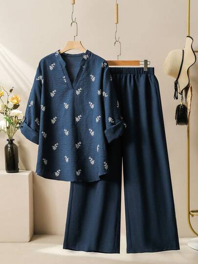 Lacomfia Women's Ditsy Floral Top And Wide Leg Pants Casual Two Pieces Set, Plus Size