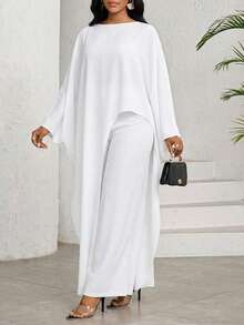 SHEIN Lady CURVE Bộ đồ đôi nữ cỡ lớn màu trơn gồm áo dài tay và quần ống rộng, kiểu dáng thường ngày. - trắng - Xem 6