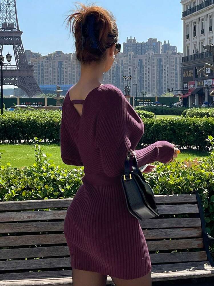 Women's V-Neck Off-Shoulder Purple Bodycon Short Sweater Dress