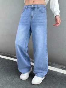 SHEIN Thời trang nam tuổi teen: Phong cách thường ngày, cổ điển, cá tính, đường phố, thoải mái và đơn giản. Quần jeans xanh dáng rộng, thoải mái, phù hợp mặc hàng ngày, mùa xuân hè, dự tiệc và đường phố. - Màu xanh lam - Xem 4