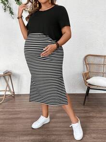 SHEIN 2件套孕妇加大码纯色圆领短袖T恤和条纹吊带连衣裙，休闲款 - 黑色 - 查看 4