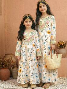 SHEIN Tween Girl Floral Print Ribbon Trim V-Neck Long Sleeve Loose Dress - Multicolor - View 8