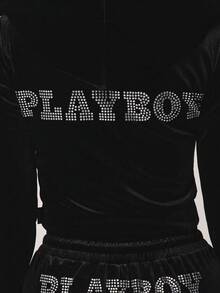 Missguided x Playboy Rhinestone Bunny Logo Zip Up Hooded Velour Tracksuit Jacket With Drawstring Hood For Casual Loungewear - Black - View 2