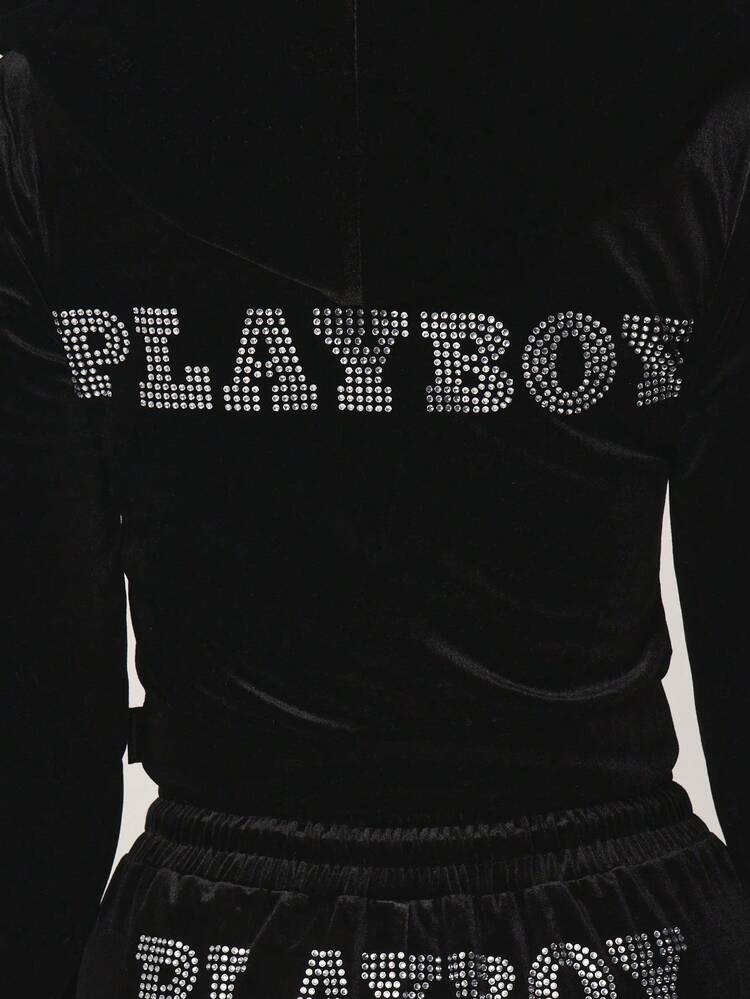 Missguided x Playboy 라인스톤 버니 로고 지퍼업 후드 벨루어 트랙수트 재킷, 캐주얼 라운지웨어를 위한 드로스트링 후드 포함