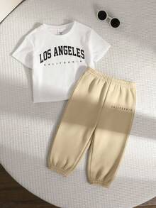 2 piezas Conjunto de camiseta de manga corta y pantalones de punto primaveral casual y lindo para niña - Blanco - Ver 8