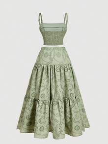 SHEIN MOD Plus Size Women's White Embroidered Maxi Dress 2-Piece Set, Boho Style Multi-Layered Ruffle Hem, Suitable For Dates, Holidays, Picnics, Beach Wear, Comfortable Outfit Light Green Women Set Green Eyelet Skirt And Top Sage Green Two Piece Two Piece Sundress Garden Party Outfit - Green - View 2
