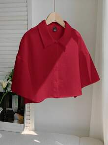 Comfortcana 女士休闲日常通勤简约纯色落肩宽松短款衬衫，春夏秋季 - 酒紅色 - 查看 5