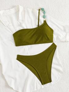 Swim Chiccia 女士夏季沙滩音乐节棕色亮面面料串珠单肩优雅比基尼套装 - 綠色 - 查看 4