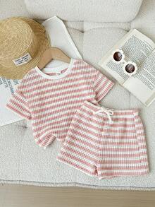 LMoss Kids 2pcs Baby Girl Knitted Striped Round Neck T-Shirt And Shorts Set