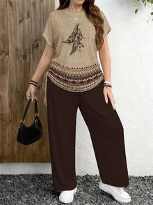 EMERY ROSE Casual Retro Bohemian Style Printed Pattern Plus Size Women Round Neck Short Sleeve Loose Pants 2 Pieces Set, Suitable For Spring And Autumn Carnival,Vacation - Multicolor - View 6